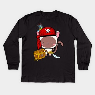 Funny white cat is a pirate Kids Long Sleeve T-Shirt